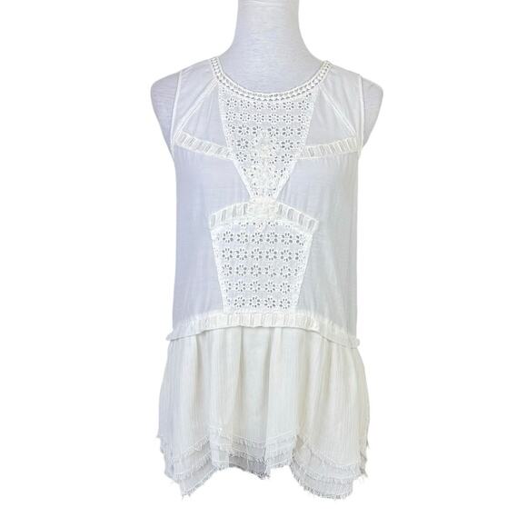 Free People Ivory White Eyelet Frayed Peplum Hem Tunic Tank Sleeveless Top - Picture 1 of 12